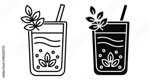 Healthy herbal tea glass icon set with straw and fresh mint leaves for organic drink menu design and wellness branding
