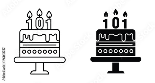 Birthday cake icon set with number one hundred and one candles on stand for anniversary celebration party event decoration