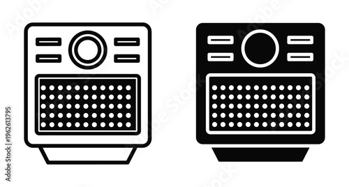 Radio icon set featuring outline and solid glyph styles for audio equipment music player sound system electronic device interface design