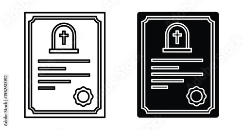 Death certificate icon set with tombstone cross and official seal for funeral services obituary document and legal mourning records