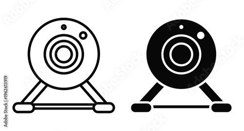 Webcam icon set featuring outline and solid styles for video conferencing streaming online communication digital hardware and computer peripheral equipment