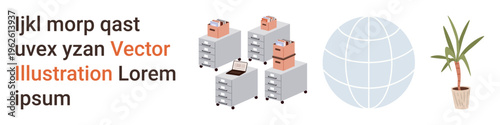 Workspace setup, interior design, global reach, file management, business organization, online connectivity. File cabinets, globe and potted plant. Workspace setup and file management concept