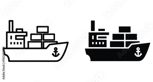 Cargo ship icon set for maritime logistics freight transport shipping industry global trade vessel with containers and anchor symbol graphic