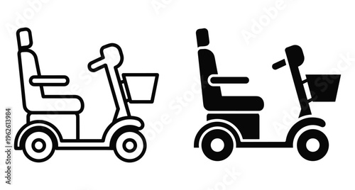 Mobility scooter icon set featuring outline and solid black versions for disabled transport accessibility medical equipment and elderly assistance vehicle