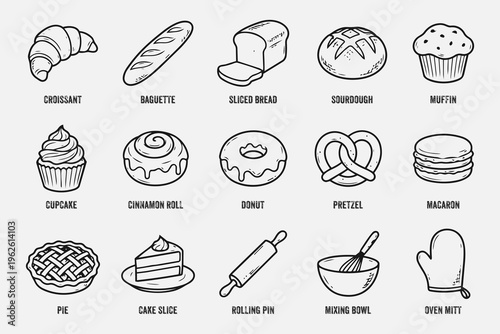 Bakery and pastry outline sketch icon set, 16 hand drawn vector illustrations of bread, cakes and baking tools in grid