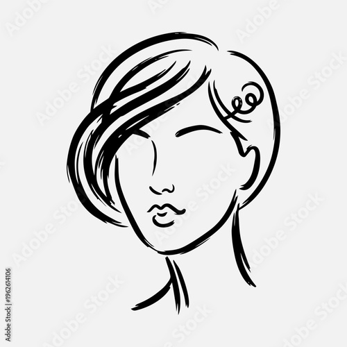 Minimalist abstract feminine face portrait, bold sketch line art vector illustration with rough brush style