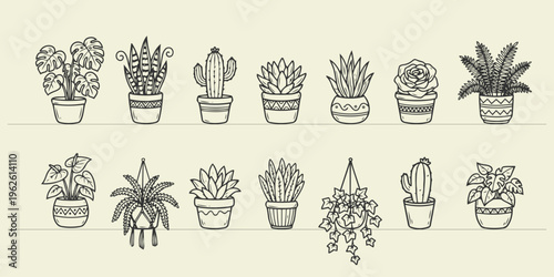 Houseplants doodle icon set, hand drawn vector illustration of potted plants and indoor garden greenery
