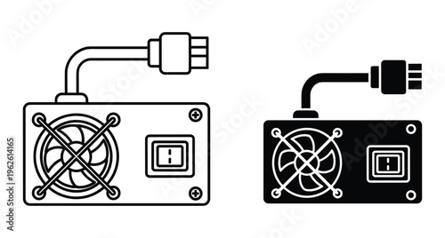 Computer power supply unit icon set showing cooling fan switch and cable connector for desktop hardware maintenance and repair services