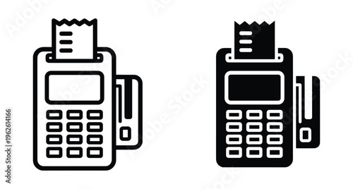 POS terminal icon set with credit card and receipt for electronic payment processing retail transaction banking commerce and financial services