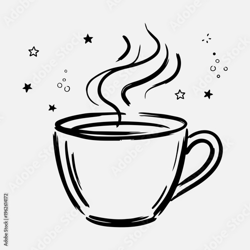 Hand-drawn sketch of coffee cup with steam, minimal vector illustration with rough brush strokes on white background