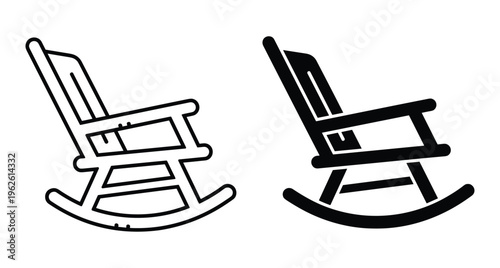 Rocking chair icon set with outline and solid black silhouette styles for furniture design home interior and relaxation concepts