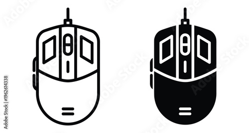 Gaming computer mouse icon set with outline and solid versions for pc hardware interface design and electronic device navigation