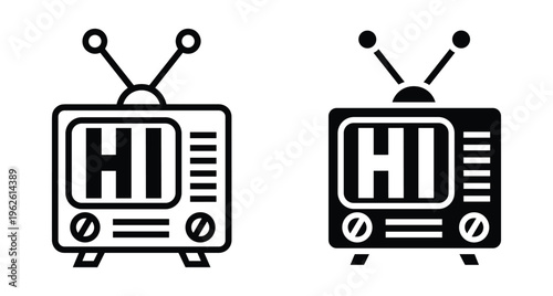 Retro television icon set with hi text on screen featuring vintage antenna design in outline and solid black styles