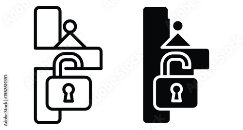 Door handle icon set with open padlock symbol representing unlocked access security permission privacy and hotel room entry management system