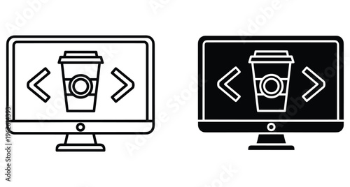 Computer monitor displaying coffee cup icon with coding brackets in line and solid glyph styles for web development and programming themes
