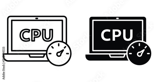 Laptop computer CPU performance monitoring icons showing processor speed and system optimization with speedometer gauge for hardware diagnostic and testing