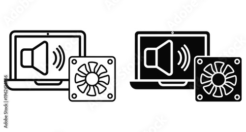Laptop computer with speaker sound volume icon and cooling fan hardware symbol set in outline and solid black style