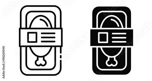 Packaged chicken leg icon set showing poultry meat in plastic tray with label for supermarket grocery store food retail design