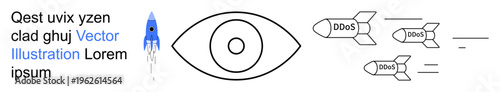 Cybersecurity, DDoS attacks, surveillance, digital threats, network protection, data security. An eye surveillance and missiles marked DDoS. Cybersecurity and DDoS attacks concept