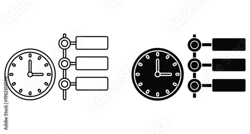 Time management planning icons set with clock and vertical timeline list for scheduling tasks organization and productivity workflow management