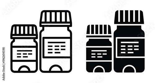 Medicine bottle icons set with outline and solid versions for pharmaceutical packaging healthcare medical treatment and prescription drug storage containers