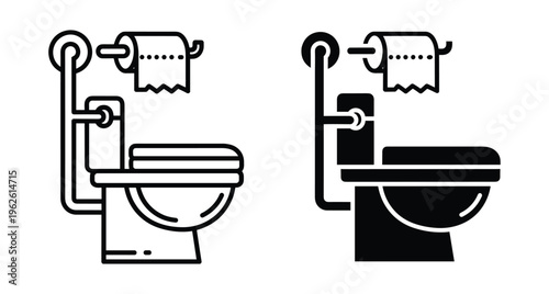 Accessible toilet icon set featuring handicap restroom bowl with safety grab bar and toilet paper roll in outline and solid styles