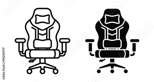Gaming chair icon set featuring ergonomic design with headrest armrests and wheels for computer desk setup in outline and solid style