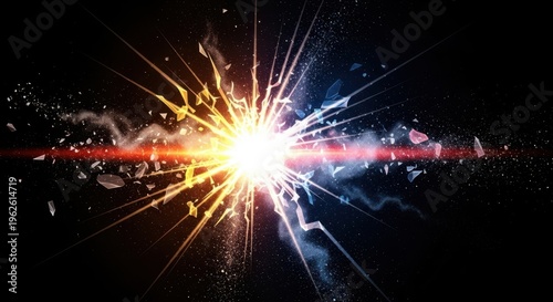 Sports impact explosion with particles for athletic power and competitive strength on black background concept illustration