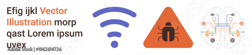 Digital security, data breach, AI technology, malware detection, wireless risks, network communication. Visuals include a wireless icon, malware warning triangle, and AI-themed circuit board