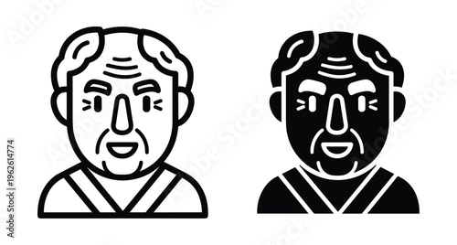Elderly man avatar icon set featuring a senior male character with wrinkles and balding hair in outline and solid styles