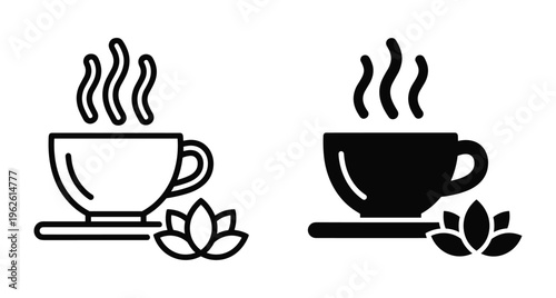 Hot herbal tea cup with steam and lotus flower icon set for wellness spa zen relaxation and healthy lifestyle design