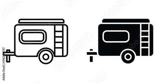 Camping trailer icon set featuring outline and solid silhouette styles for travel caravan recreational vehicle mobile home and outdoor adventure