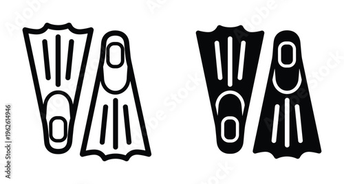 Diving flippers icons in outline and solid styles for swimming snorkeling scuba diving underwater sports equipment graphic design elements vector set