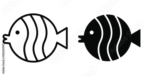 Round striped fish icon set with outline and solid black versions for marine life design and aquatic animal symbols