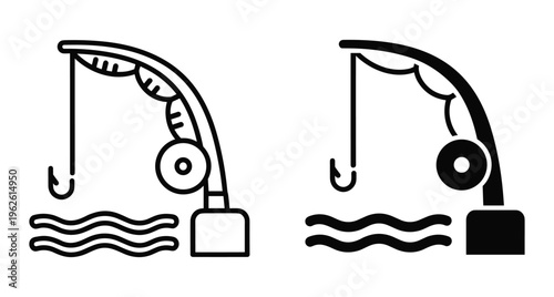 Fishing rod icon set with hook and reel over water waves in outline and solid black style for outdoor recreation