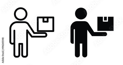 Delivery man icon set showing courier person holding cardboard box package for shipping logistics distribution service and mail transport business