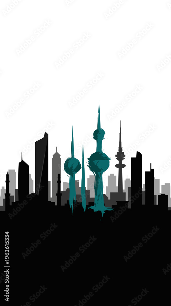 Obraz premium Silhouette of the Kuwait City skyline featuring iconic towers and modern skyscrapers against a white background.