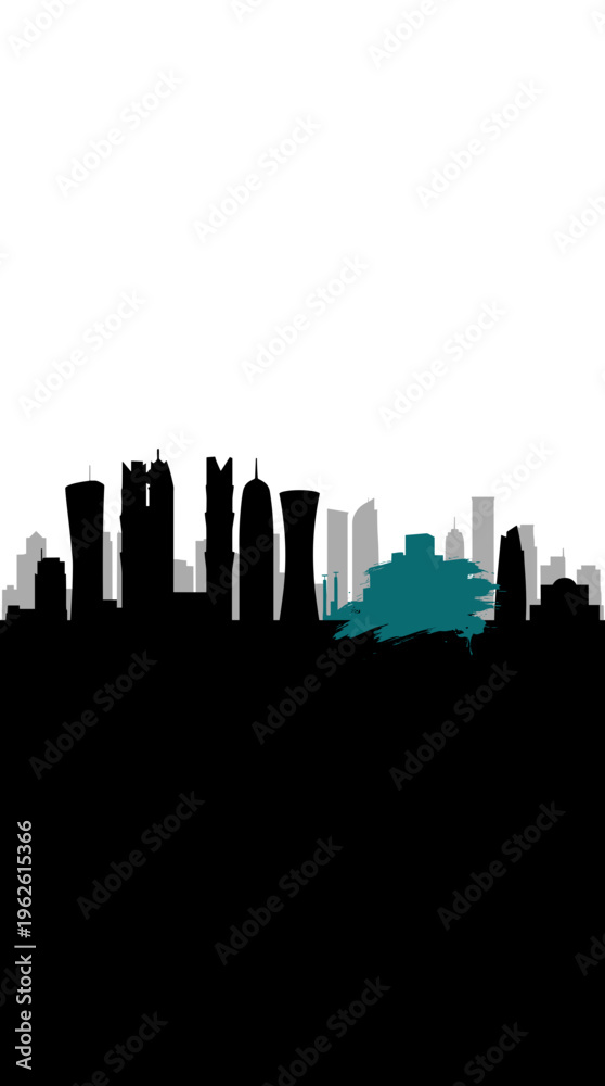 Fototapeta premium Silhouette of a modern city skyline with distinctive skyscrapers and a unique teal-colored building, set against a white background with a black foreground.