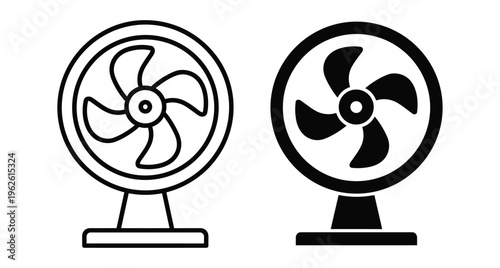 Electric desk fan icon set with outline and solid silhouette styles for cooling ventilation home office appliance interface design elements