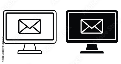 Computer monitor screen with email envelope icon set in outline and solid black glyph style for digital communication interface