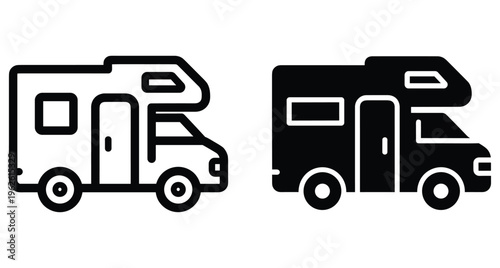 Camper van motorhome icons set with outline and solid styles for travel camping recreational vehicle transport road trip adventure navigation