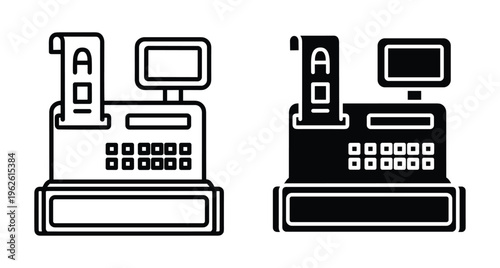Cash register icon set with receipt and display screen for retail business payment processing and financial transaction management in stores