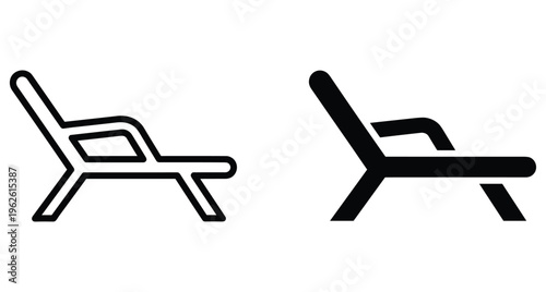 Deck chair icon set with outline and solid silhouette versions for summer vacation travel beach relaxation and outdoor furniture design