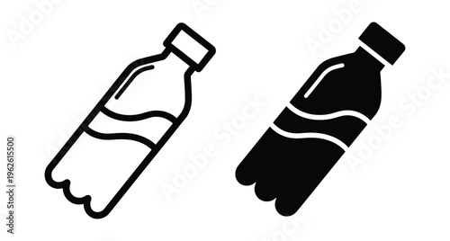 Plastic water bottle icon set with outline and solid styles for hydration drink mineral liquid recycling and fitness health