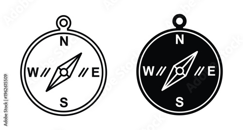 Compass icons for navigation and travel direction showing north south east west cardinal points in outline and solid black styles