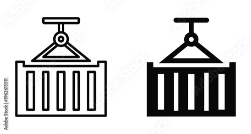 Shipping container crane icon set for logistics transportation export import cargo freight delivery port terminal industrial warehouse service supply chain