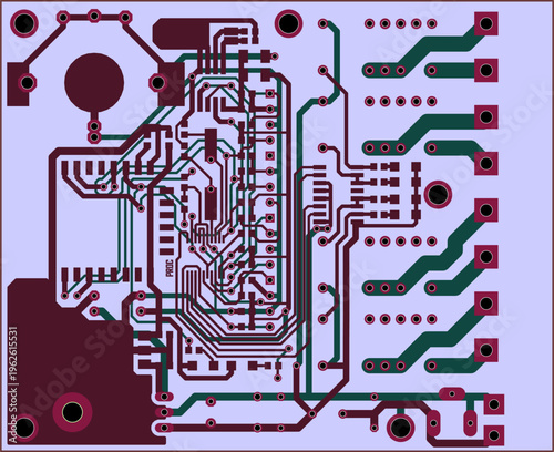 Tracing conductors of printed circuit board
of electronic device. Vector engineering 
drawing of pcb. Electric background.
Computer technic cad design.