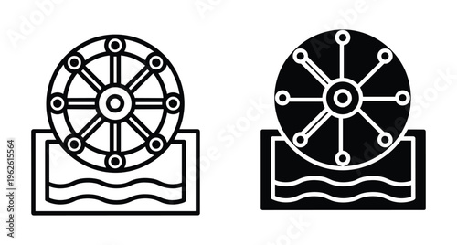 Water wheel icon set representing renewable energy hydro power mill machinery traditional technology for irrigation and industrial production systems
