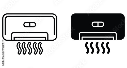 Air conditioner icon set with outline and solid styles showing cooling airflow for home climate control and HVAC system maintenance
