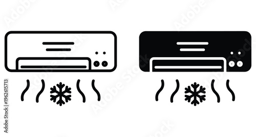 Air conditioner unit icons showing cooling system with snowflake symbol and air flow lines in outline and solid black styles